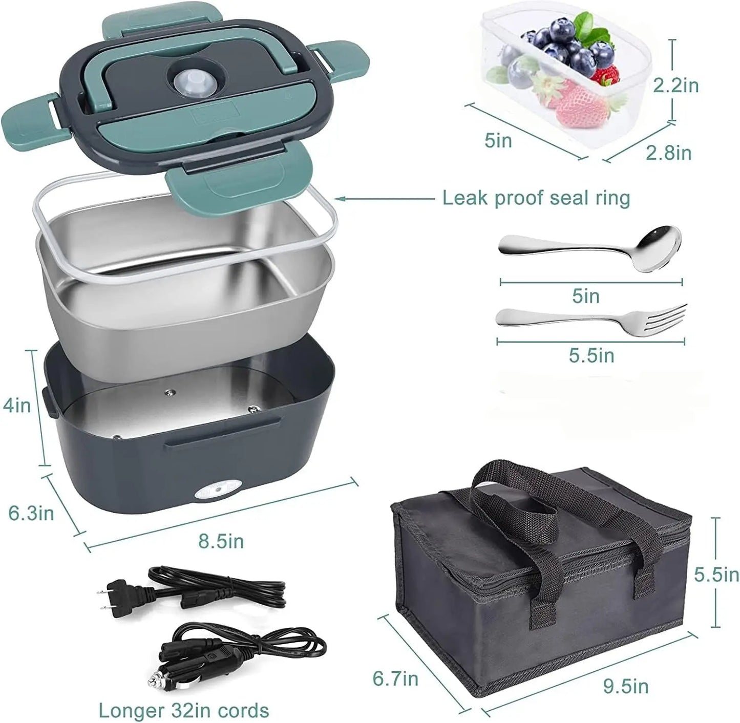 1.5L 60W Portable Electric Lunch Box,Leak Proof Design Car & Home Food Heater – Insulated Heated Lunch Container for Work Travel