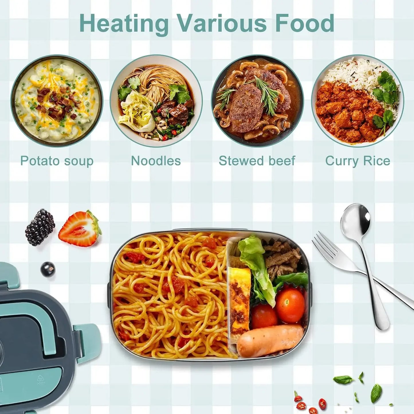 1.5L 60W Portable Electric Lunch Box,Leak Proof Design Car & Home Food Heater – Insulated Heated Lunch Container for Work Travel